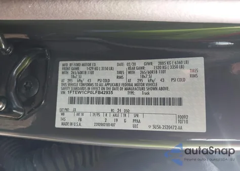 2020 Ford F-150 Xlt z USA, uszkodzony, nr VIN 1FTEW1CP0LFB42935